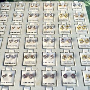 Cubic Zirconia Stud Earrings 51 pair LOT.  Gold and Silver.